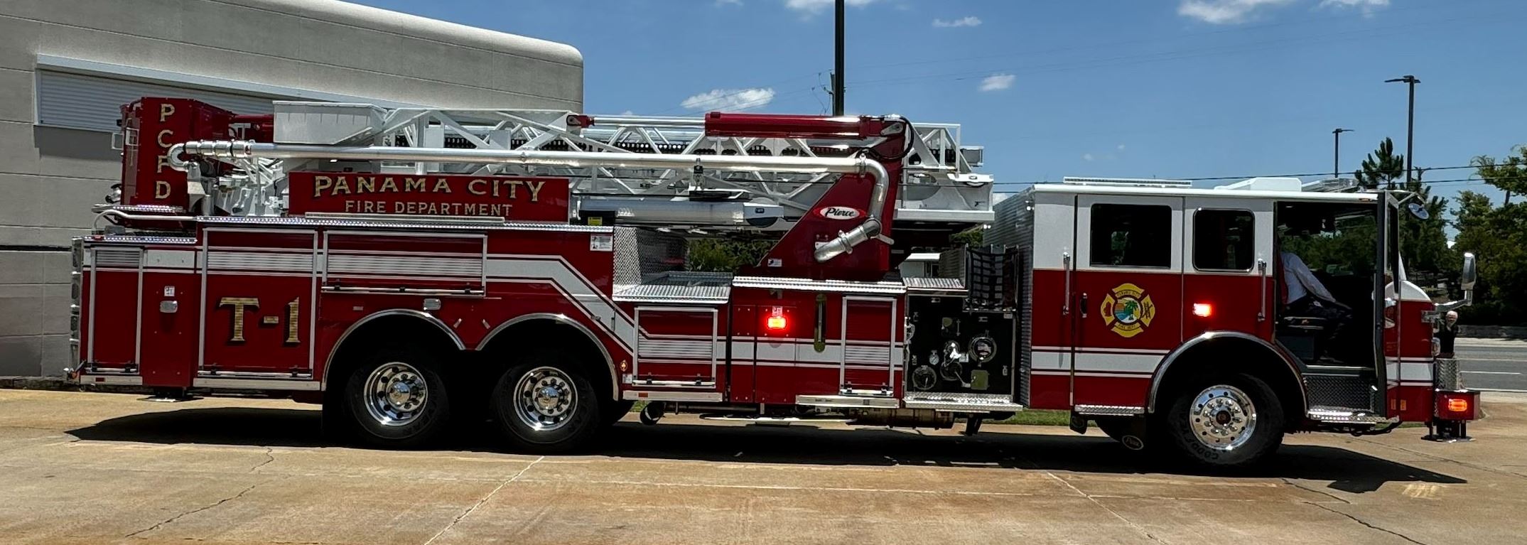 Wide shot of the PCFD tower 1 fire truck
