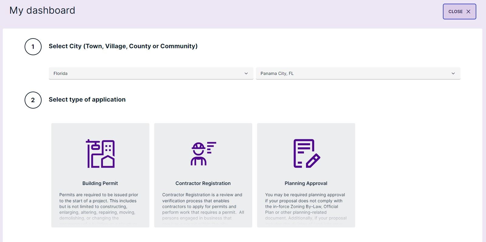 Cloudpermit Application Selection Page